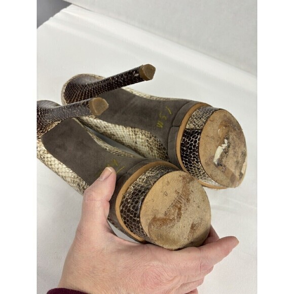 Brian Atwood Florencia Platform Heels Snake Print Brown Tan 8 Open Peep Toe - Picture 8 of 13